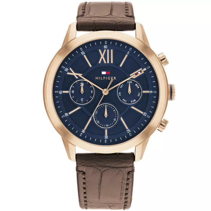 Tommy Hilfiger Morrison 1710526 men's quartz battery watch with navy blue dial, multi-function sub-dials, gold-tone case, brown leather strap main view