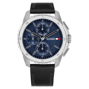 Tommy Hilfiger Larsen 1710619 men's watch featuring a silver stainless steel case, textured blue multi-function dial, and black leather strap