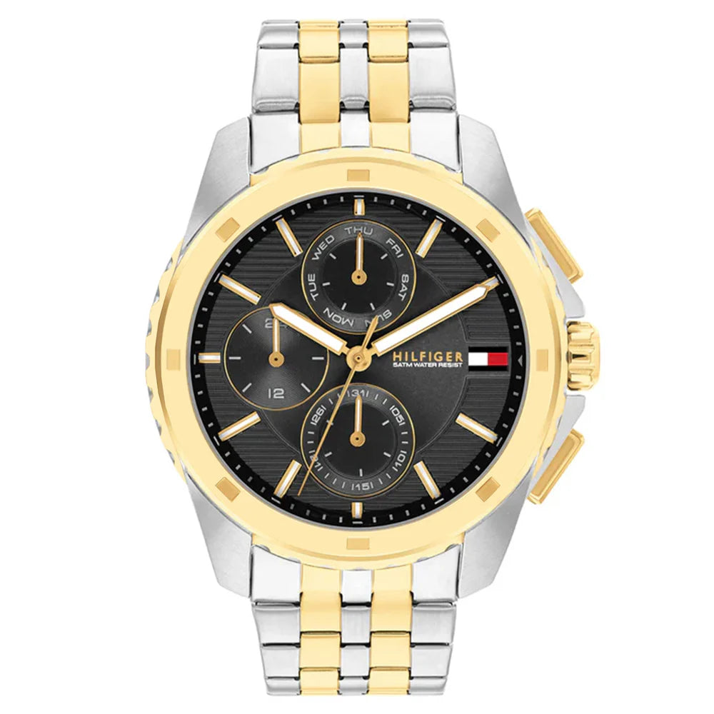 Tommy Hilfiger Walker 1710621 men's watch featuring a two-tone silver and gold stainless steel case, textured black multi-function dial
