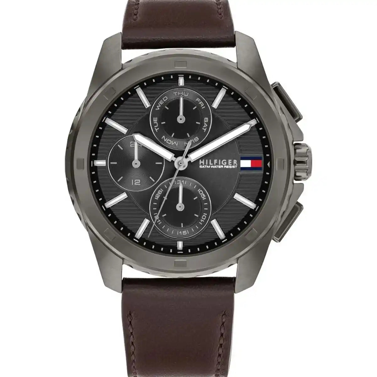 Tommy Hilfiger Walker 1710623 men's watch featuring a gunmetal grey stainless steel case, textured dark grey multi-function dial, and brown leather strap