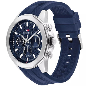 Right angled view of Tommy Hilfiger Lars 1710649 men's quartz battery watch highlighting silver finish and multi-function sub-dial details