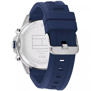 Caseback of Tommy Hilfiger Lars 1710649 men's quartz battery watch showing technical specs 50m water resistance and rubber strap