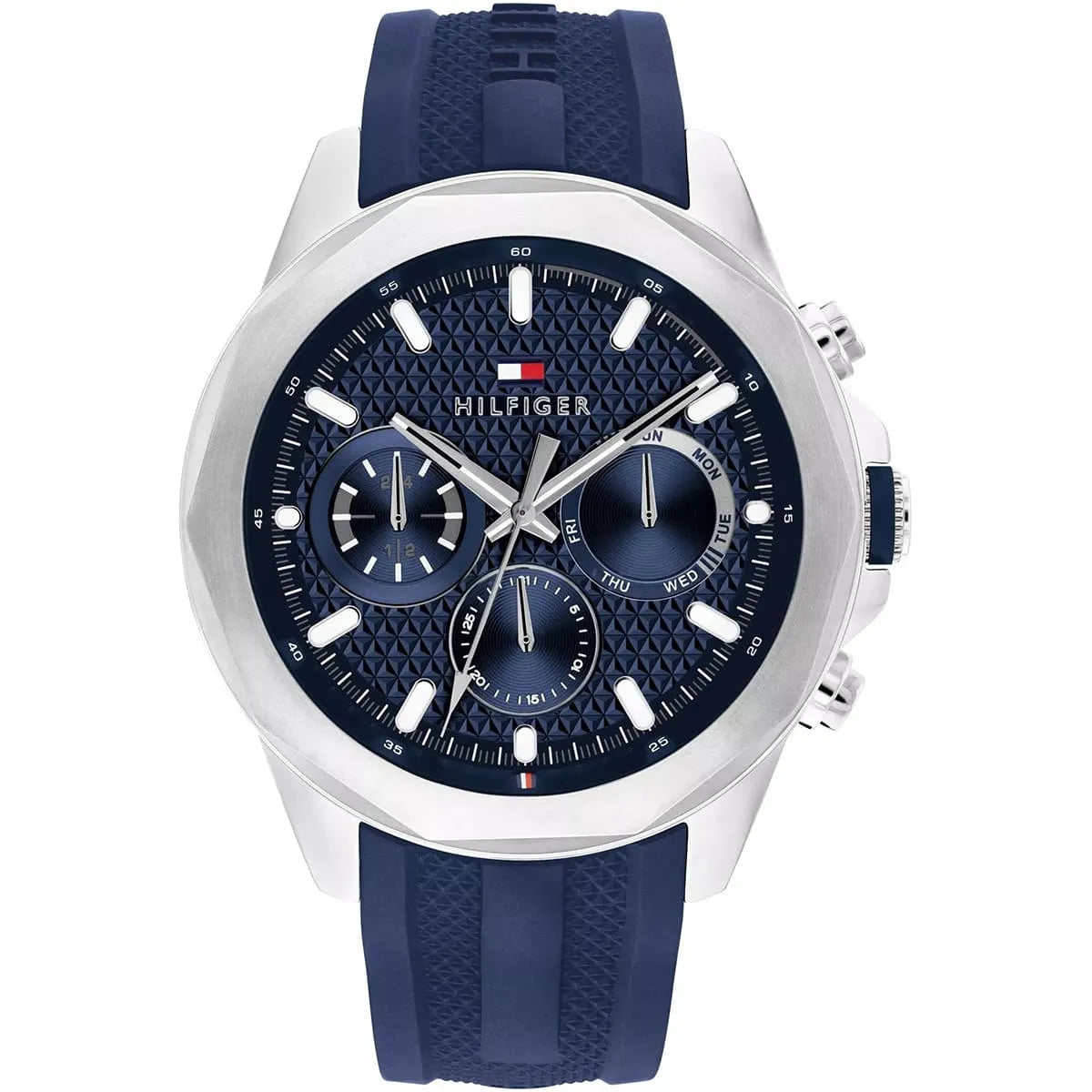 Tommy Hilfiger Lars 1710649 men's quartz battery watch with navy blue textured dial, multi-function sub-dials, silver-tone case, blue rubber strap main view