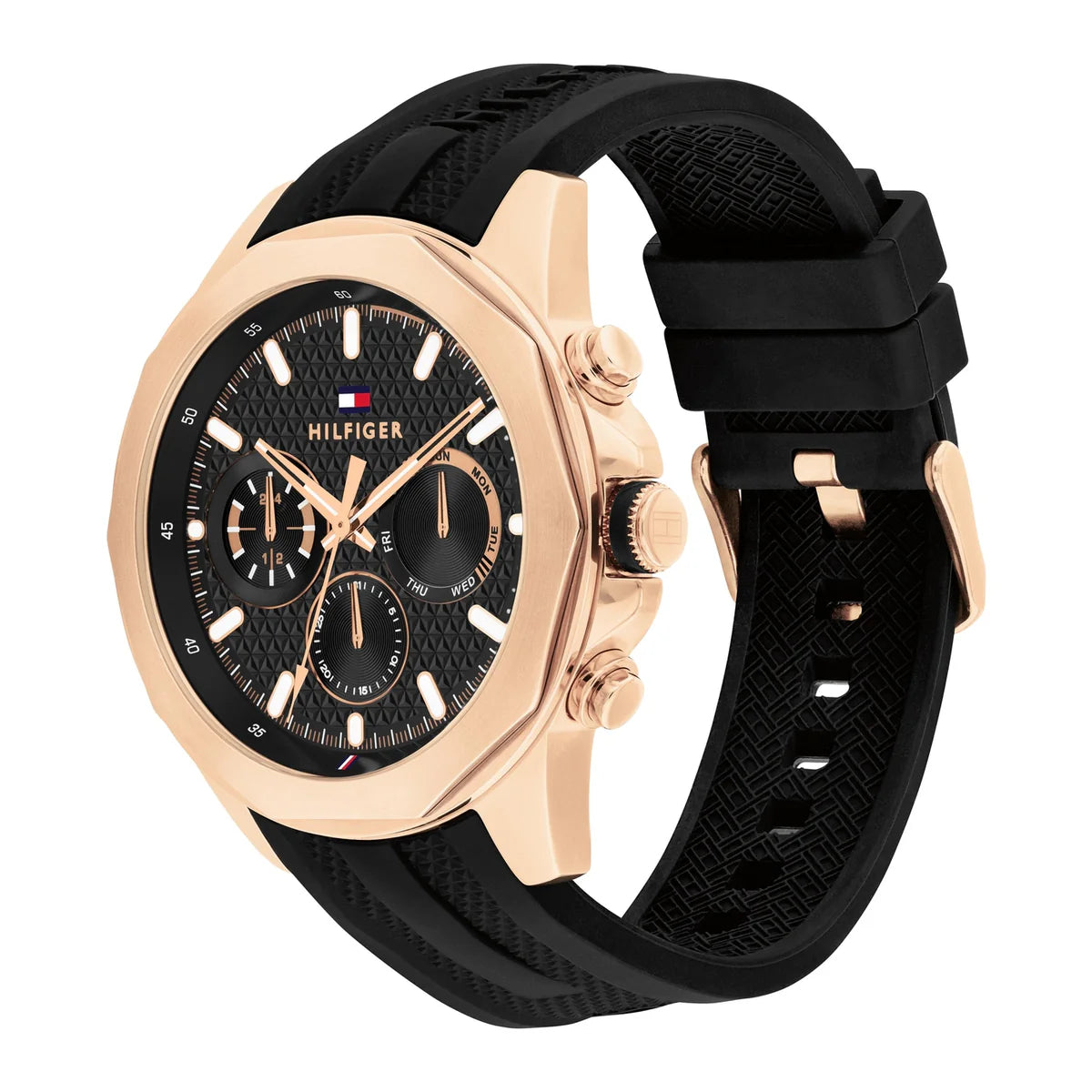 Left angled view of Tommy Hilfiger Lars  1710650 men's quartz battery watch showing black rubber strap and rose gold-tone case profile