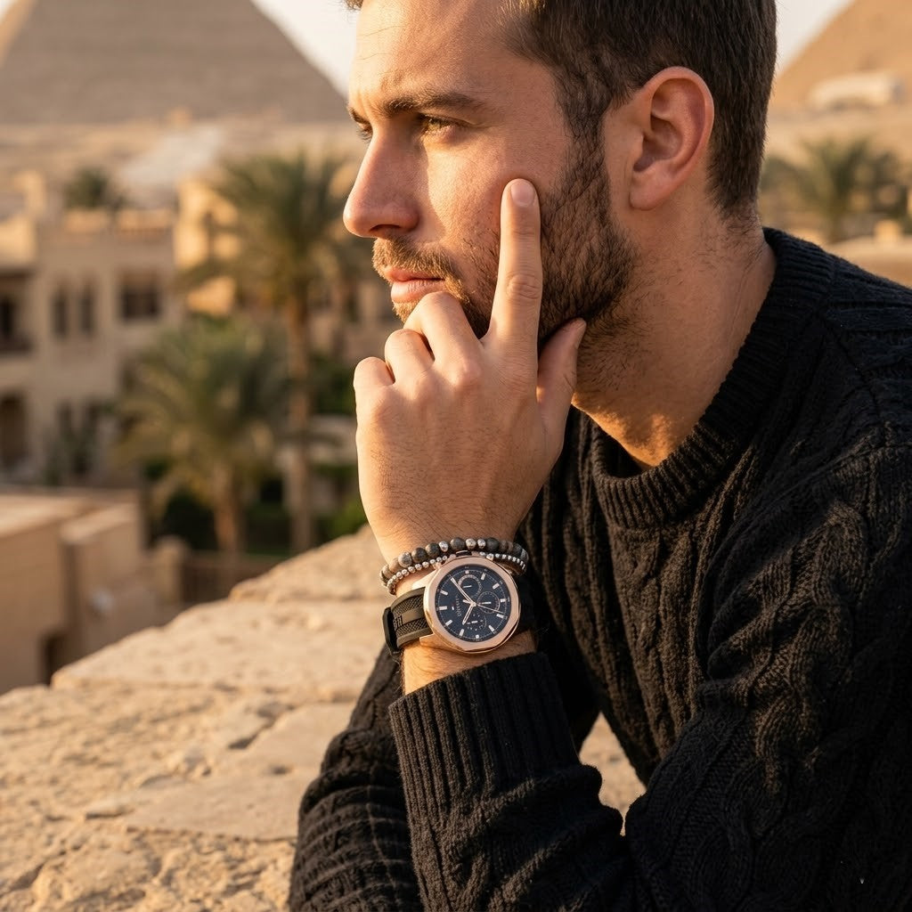 Elegant man wearing Tommy Hilfiger Lars  1710650 men's quartz battery watch with rose gold case and luxury racing rubber strap