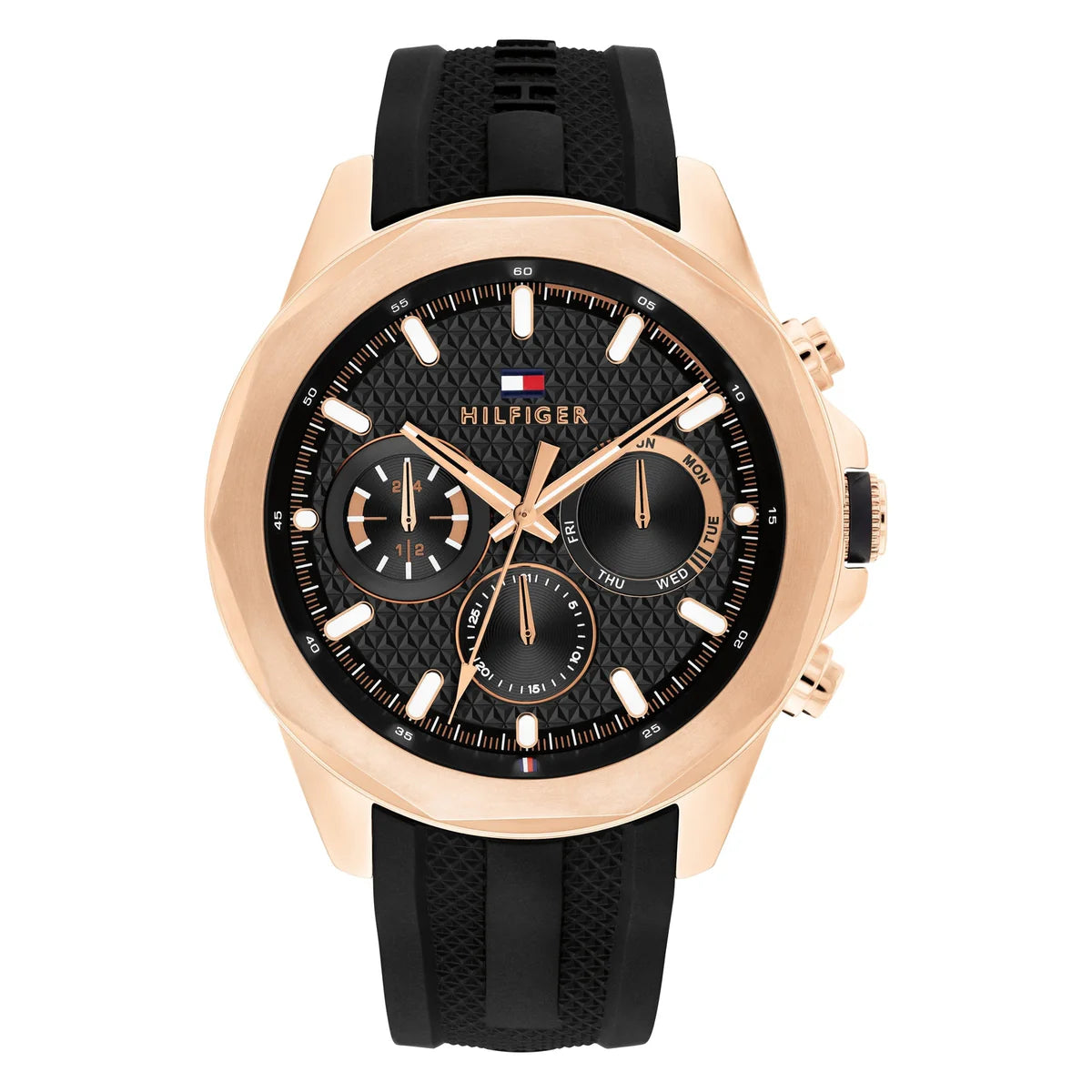 Tommy Hilfiger Lars  1710650 men's quartz battery watch with black textured dial, multi-function sub-dials, rose gold-tone case, black rubber strap main view