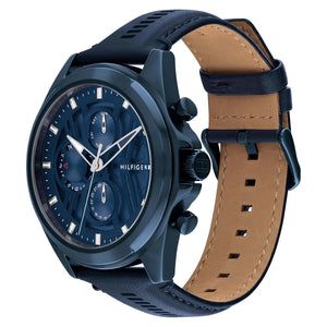 Left angled view of Tommy Hilfiger Jax 1710655 men's quartz battery watch showing blue leather strap and navy blue PVD case profile