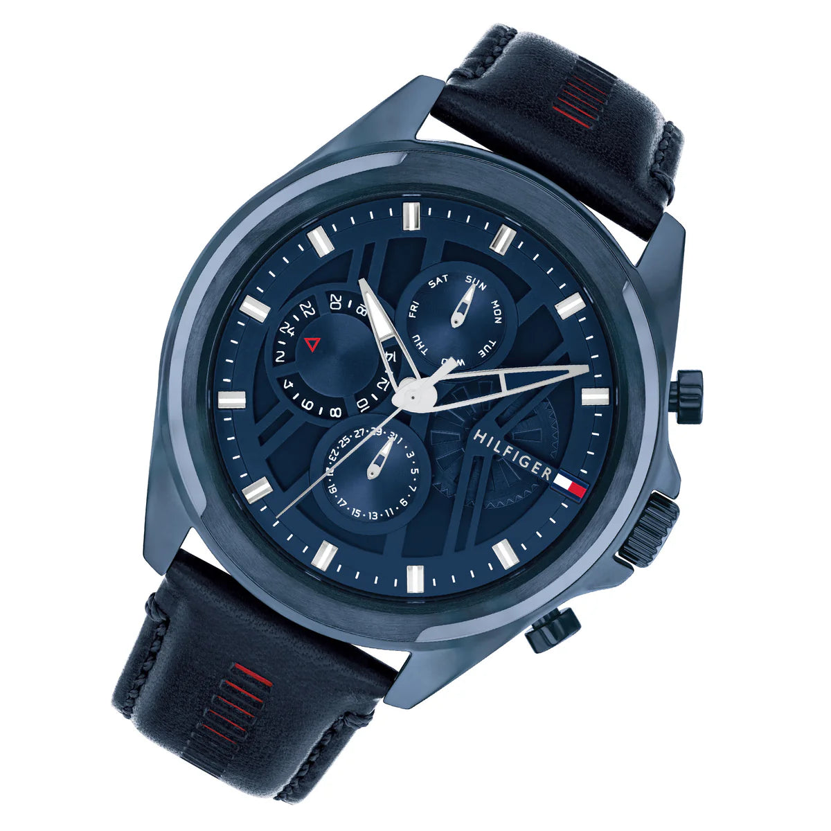 Right angled view of Tommy Hilfiger Jax 1710655 men's quartz battery watch highlighting all-blue finish and multi-function sub-dial details