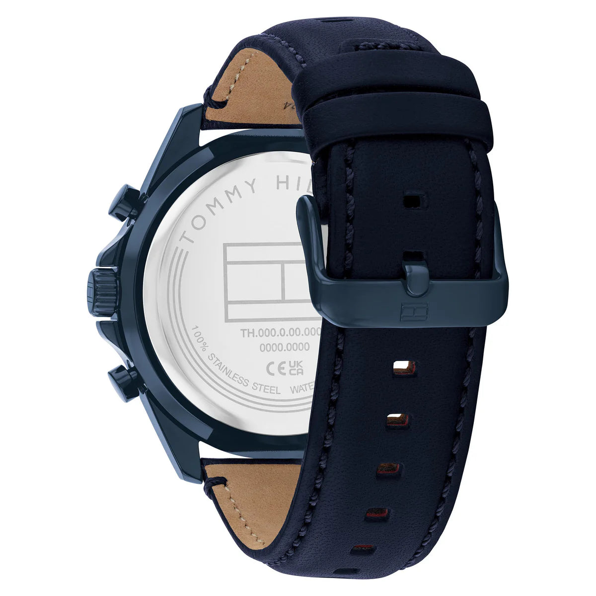 Navy blue-tone buckle clasp on Tommy Hilfiger Jax 1710655 men's quartz battery blue leather strap watch