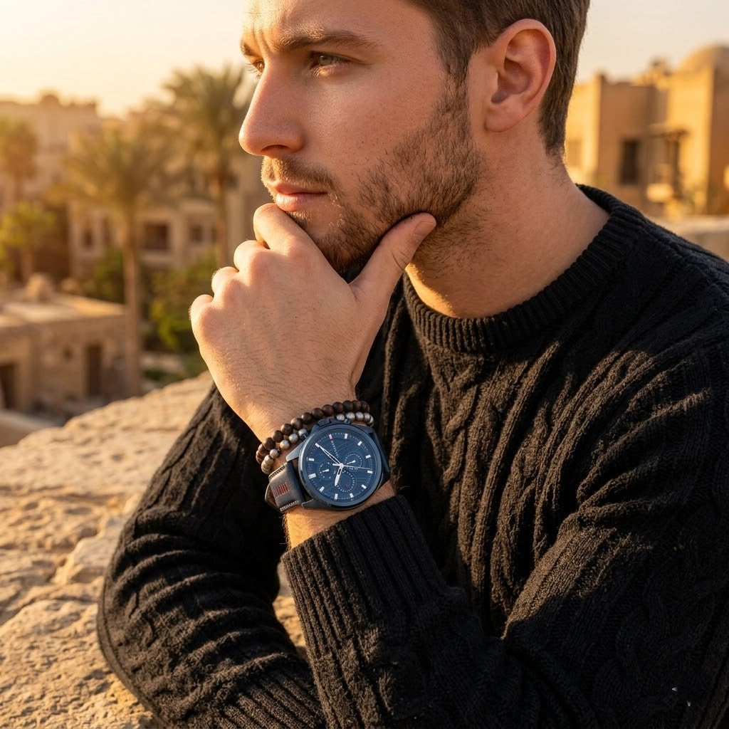 Elegant man wearing Tommy Hilfiger Jax 1710655 men's quartz battery watch with navy blue case and luxury racing leather strap