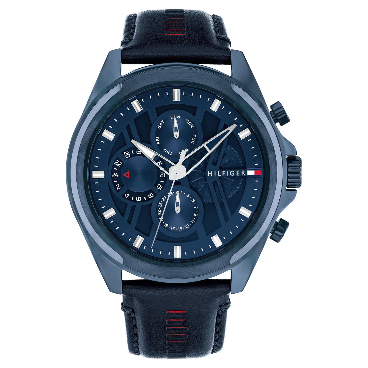 Tommy Hilfiger Jax 1710655 men's quartz battery watch with navy blue dial, multi-function sub-dials, all-navy blue PVD case, blue leather strap main view