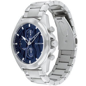 Right angled view of Tommy Hilfiger Jax 1710656 men's quartz battery watch highlighting silver finish and multi-function sub-dial details