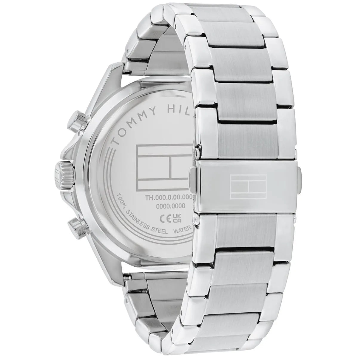 Silver-tone deployment clasp on Tommy Hilfiger Jax 1710656 men's quartz battery silver metal bracelet watch