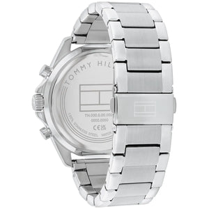 Silver-tone deployment clasp on Tommy Hilfiger Jax 1710656 men's quartz battery silver metal bracelet watch