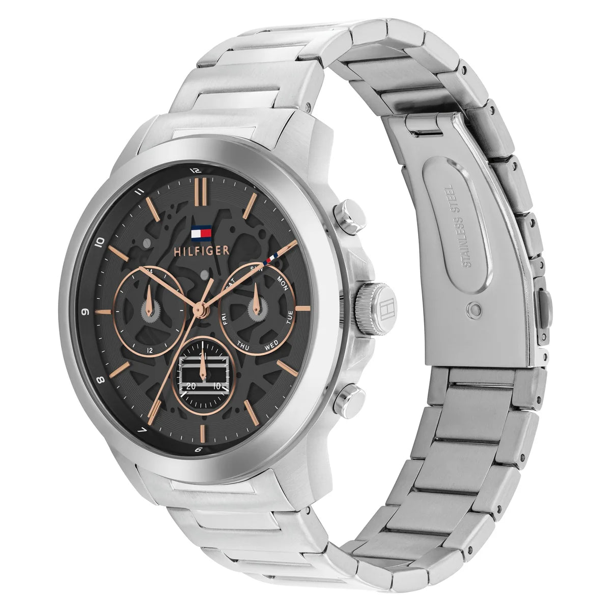 Right angled view of Tommy Hilfiger Henry 1710683 men's quartz battery watch highlighting silver finish and mechanical rose gold dial details