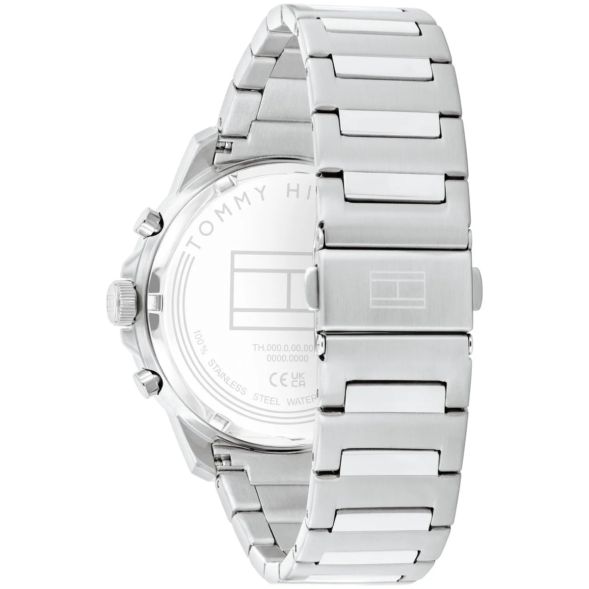 Silver-tone deployment clasp on Tommy Hilfiger Henry 1710683 men's quartz battery silver metal bracelet watch