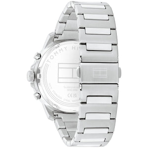 Silver-tone deployment clasp on Tommy Hilfiger Henry 1710683 men's quartz battery silver metal bracelet watch