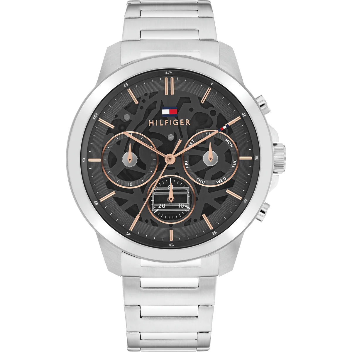 Tommy Hilfiger Henry 1710683 men's quartz battery watch with dark grey semi-skeleton dial, rose gold-tone sub-dials, silver-tone case, stainless steel bracelet main view