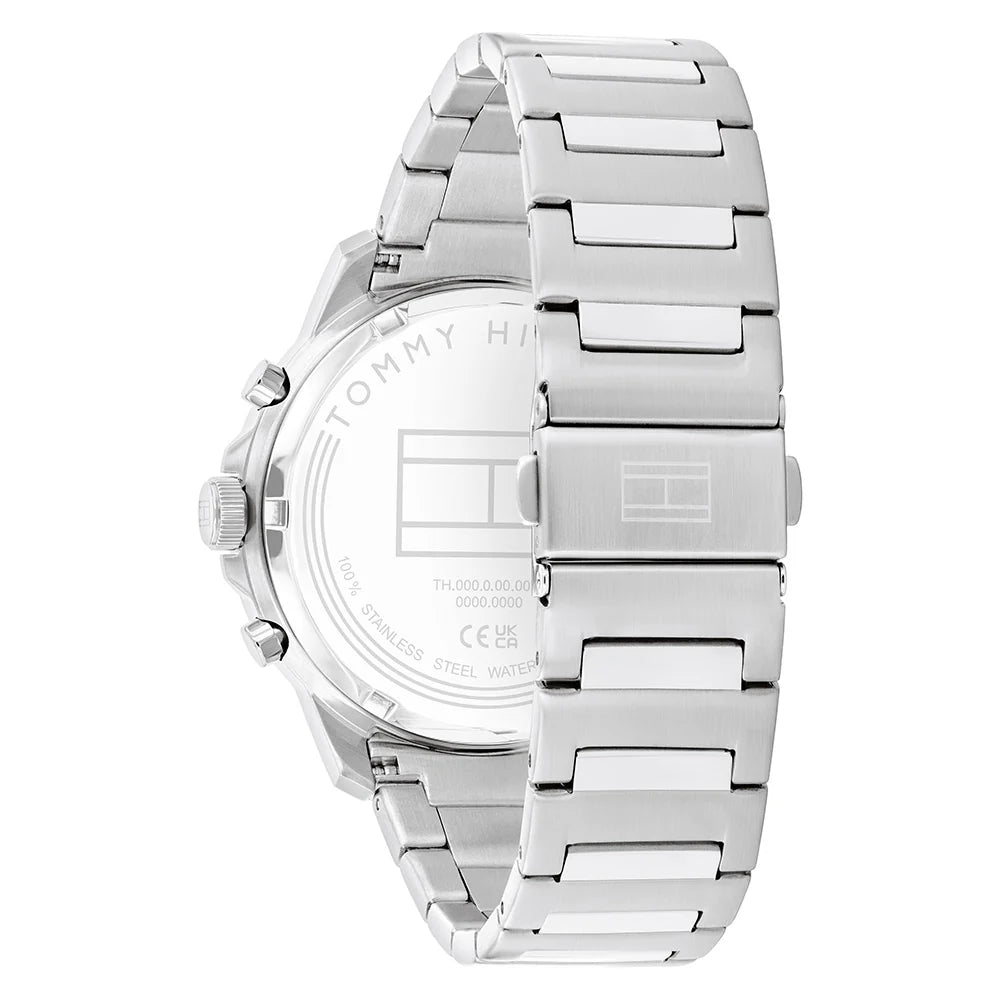 Silver-tone deployment clasp on Tommy Hilfiger Henry 1710684 men's quartz battery silver metal bracelet watch
