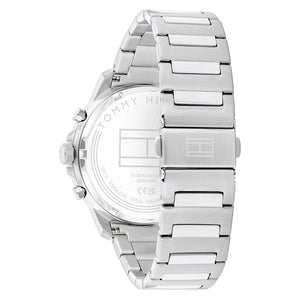 Silver-tone deployment clasp on Tommy Hilfiger Henry 1710684 men's quartz battery silver metal bracelet watch