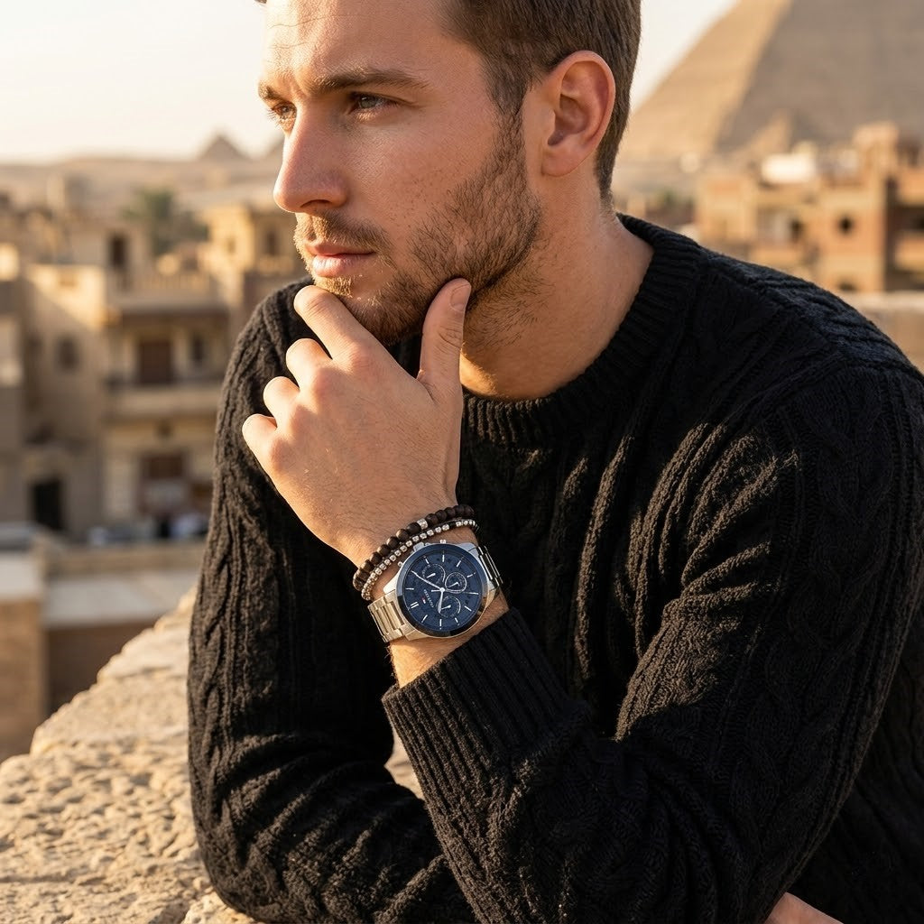 Elegant man wearing Tommy Hilfiger Henry 1710684 men's quartz battery watch with silver case and luxury skeleton blue dial