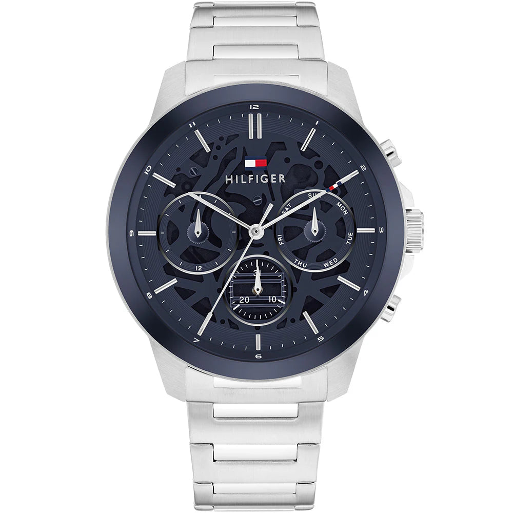 Tommy Hilfiger Henry 1710684 men's quartz battery watch with navy blue semi-skeleton dial, multi-function sub-dials, silver-tone case, stainless steel bracelet main view