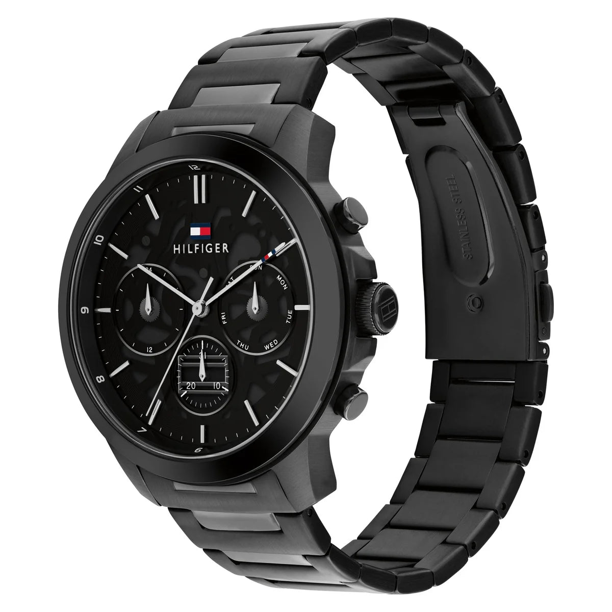 Left angled view of Tommy Hilfiger Henry 1710685 men's quartz battery watch showing black stainless steel bracelet and case profile