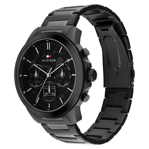 Left angled view of Tommy Hilfiger Henry 1710685 men's quartz battery watch showing black stainless steel bracelet and case profile