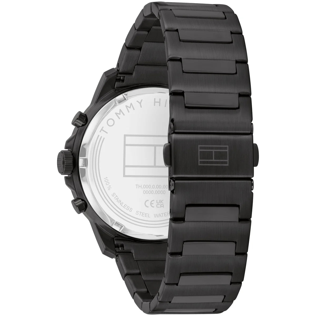 Black-tone deployment clasp on Tommy Hilfiger Henry 1710685 men's quartz battery black metal bracelet watch