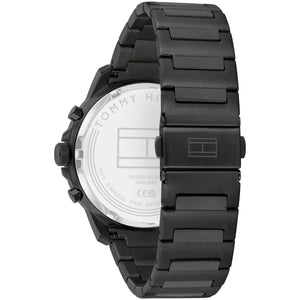 Black-tone deployment clasp on Tommy Hilfiger Henry 1710685 men's quartz battery black metal bracelet watch