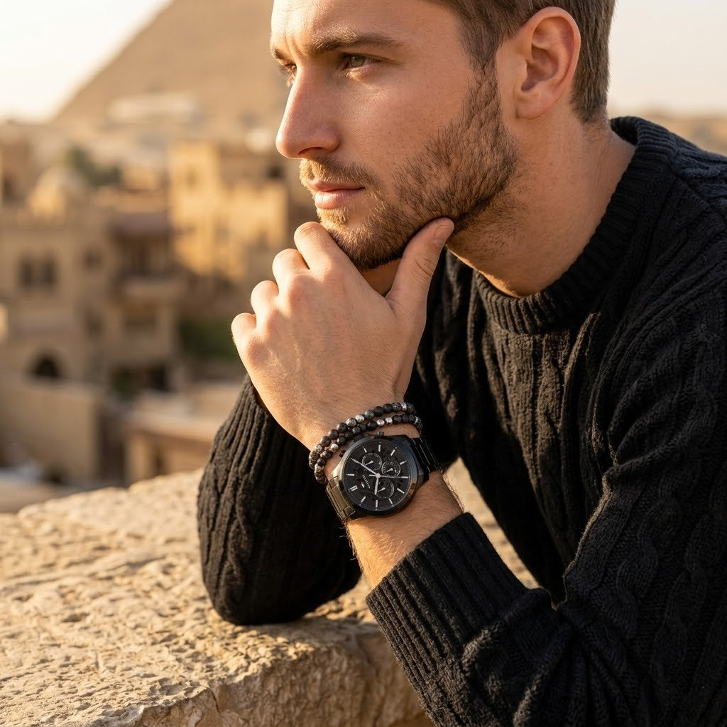 Elegant man wearing Tommy Hilfiger Henry 1710685 men's quartz battery watch with black case and luxury stealth skeleton dial