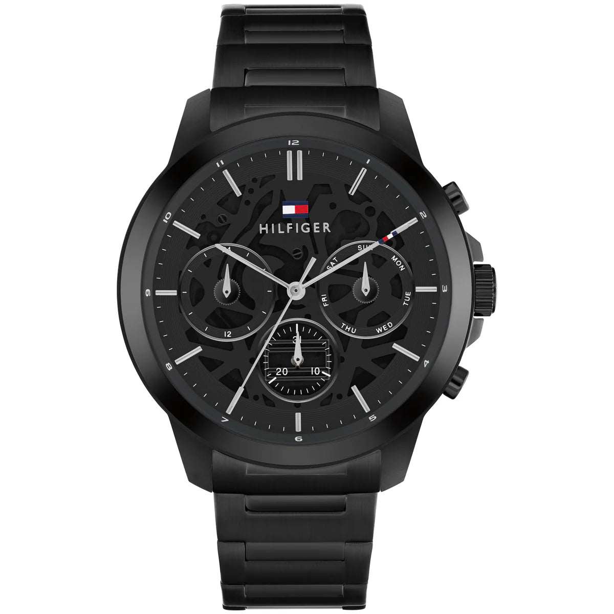 Tommy Hilfiger Henry 1710685 men's quartz battery watch with black semi-skeleton dial, multi-function sub-dials, all-black PVD case and stainless steel bracelet main view