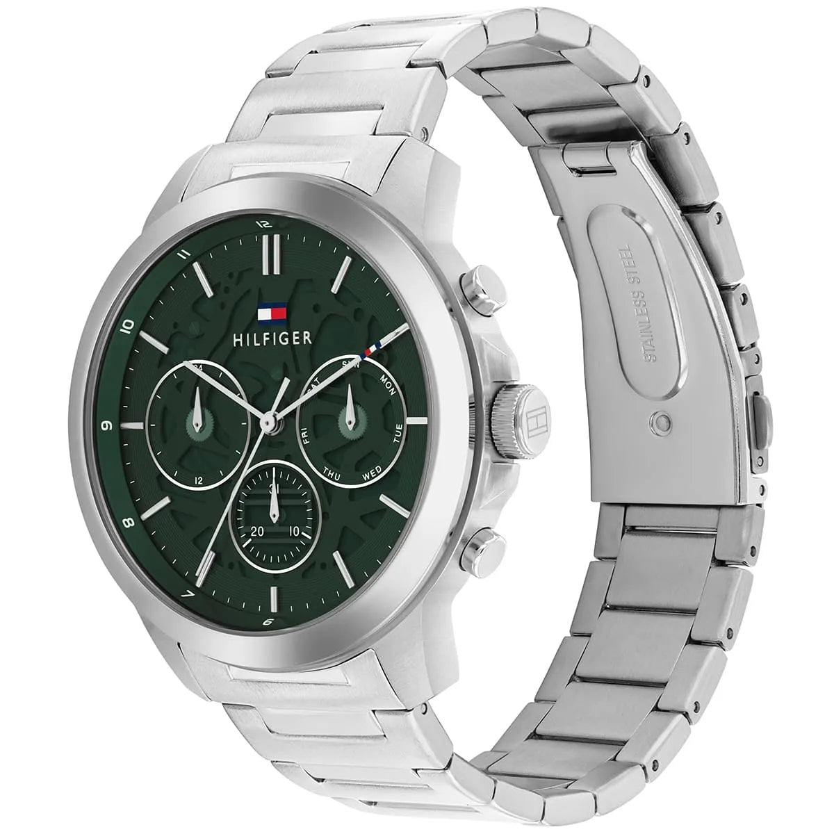 Right angled view of Tommy Hilfiger Henry 1710686 men's quartz battery watch highlighting silver finish and mechanical dial details