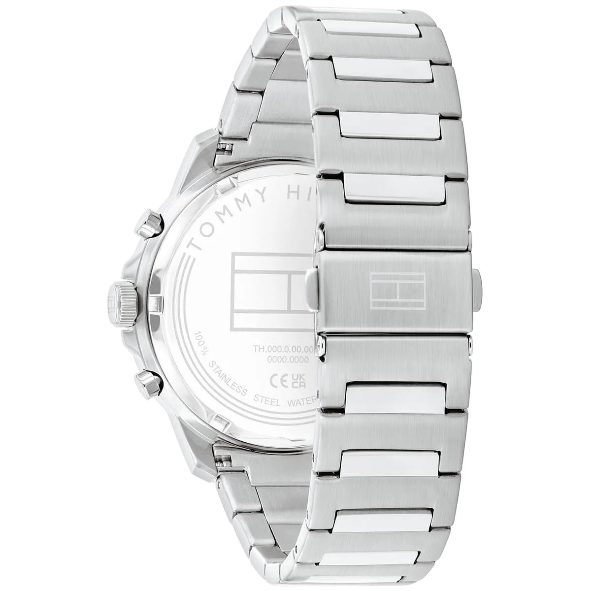 Silver-tone deployment clasp on Tommy Hilfiger Henry 1710686 men's quartz battery silver metal bracelet watch