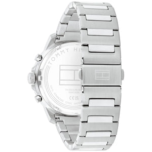 Silver-tone deployment clasp on Tommy Hilfiger Henry 1710686 men's quartz battery silver metal bracelet watch