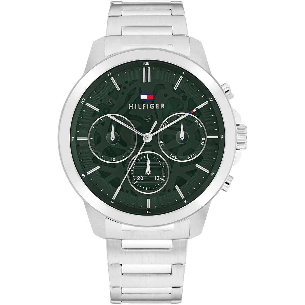 Tommy Hilfiger Henry 1710686 men's quartz battery watch with green semi-skeleton dial, multi-function sub-dials, silver-tone case, stainless steel bracelet main view