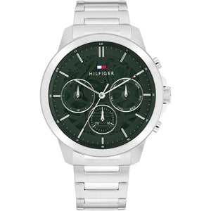 Tommy Hilfiger Henry 1710686 men's quartz battery watch with green semi-skeleton dial, multi-function sub-dials, silver-tone case, stainless steel bracelet main view