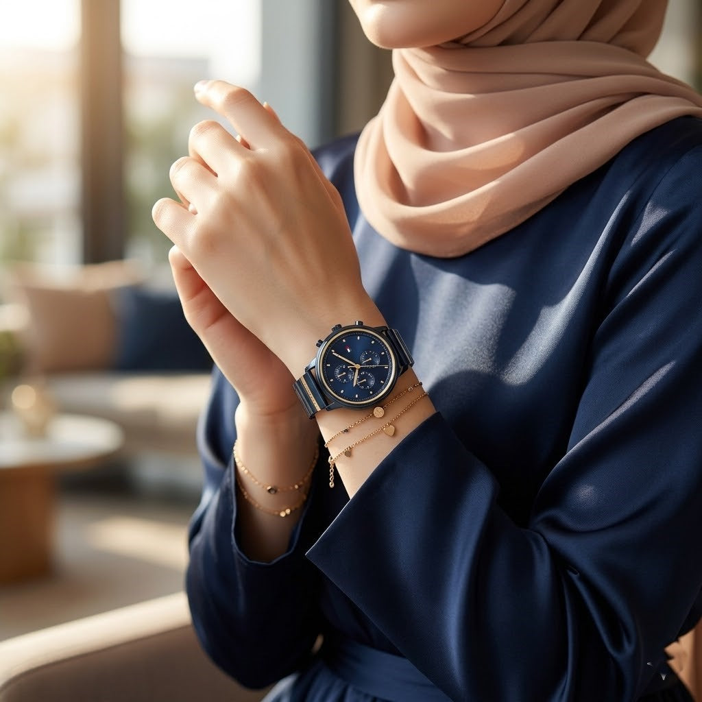 Lifestyle photo of Tommy Hilfiger 1781893 showing the elegant navy blue watch on a woman's wrist