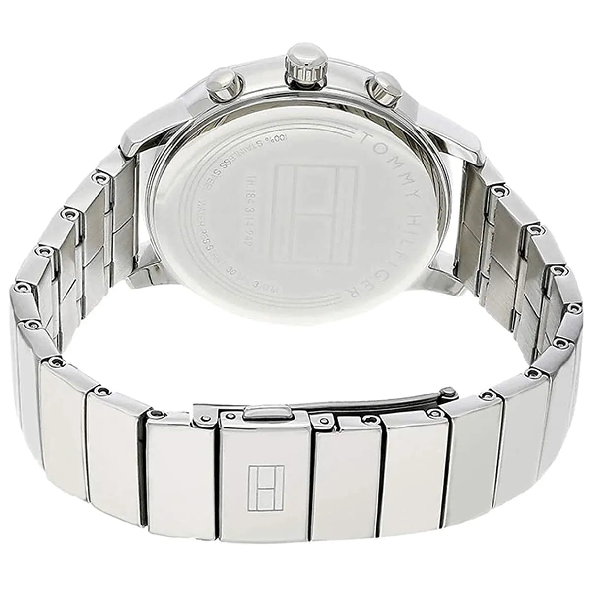 Photo of the silver-tone stainless steel deployment buckle on the Tommy Hilfiger 1781904