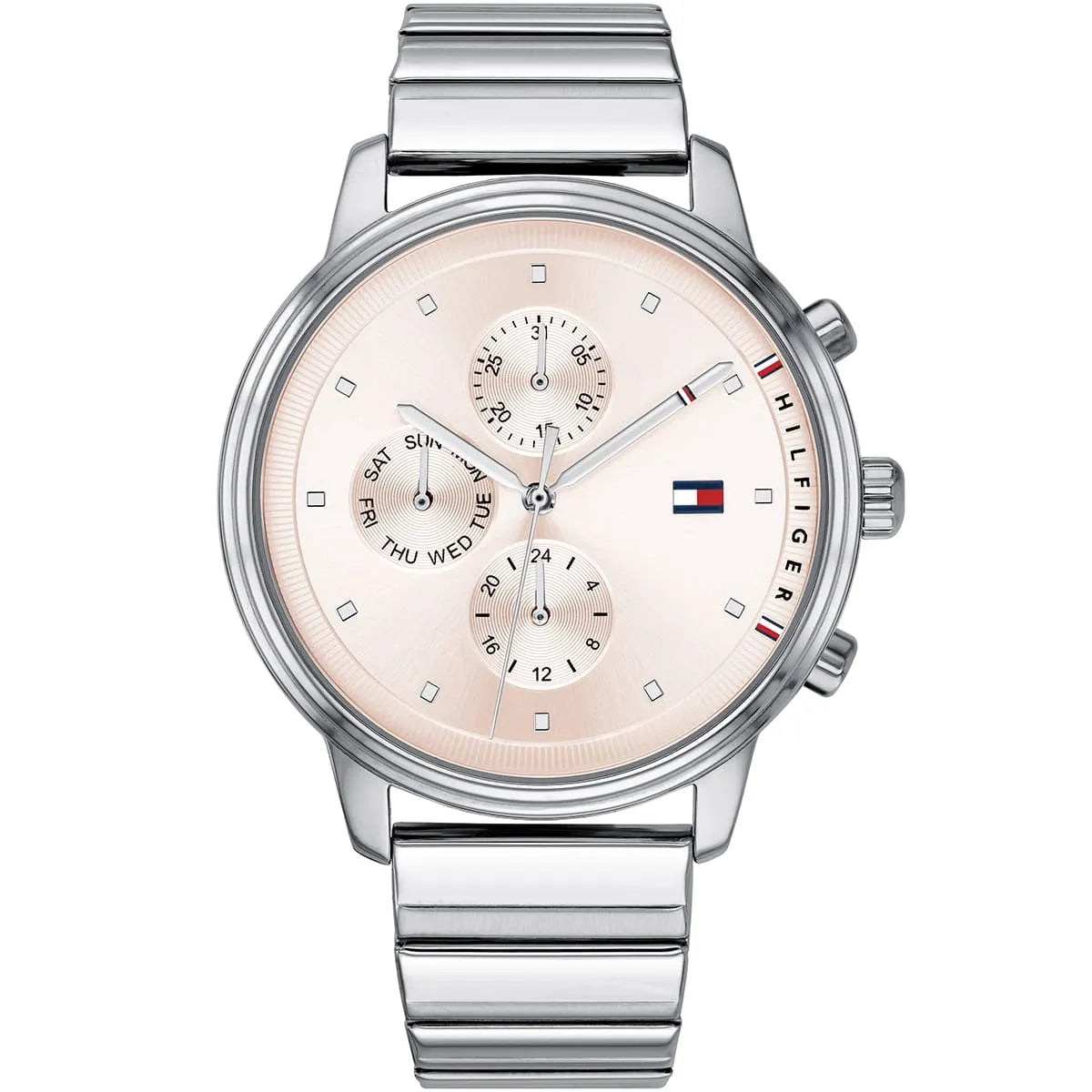 Authentic real-life photo of Tommy Hilfiger 1781904 showing actual silver finish and sunray pink dial