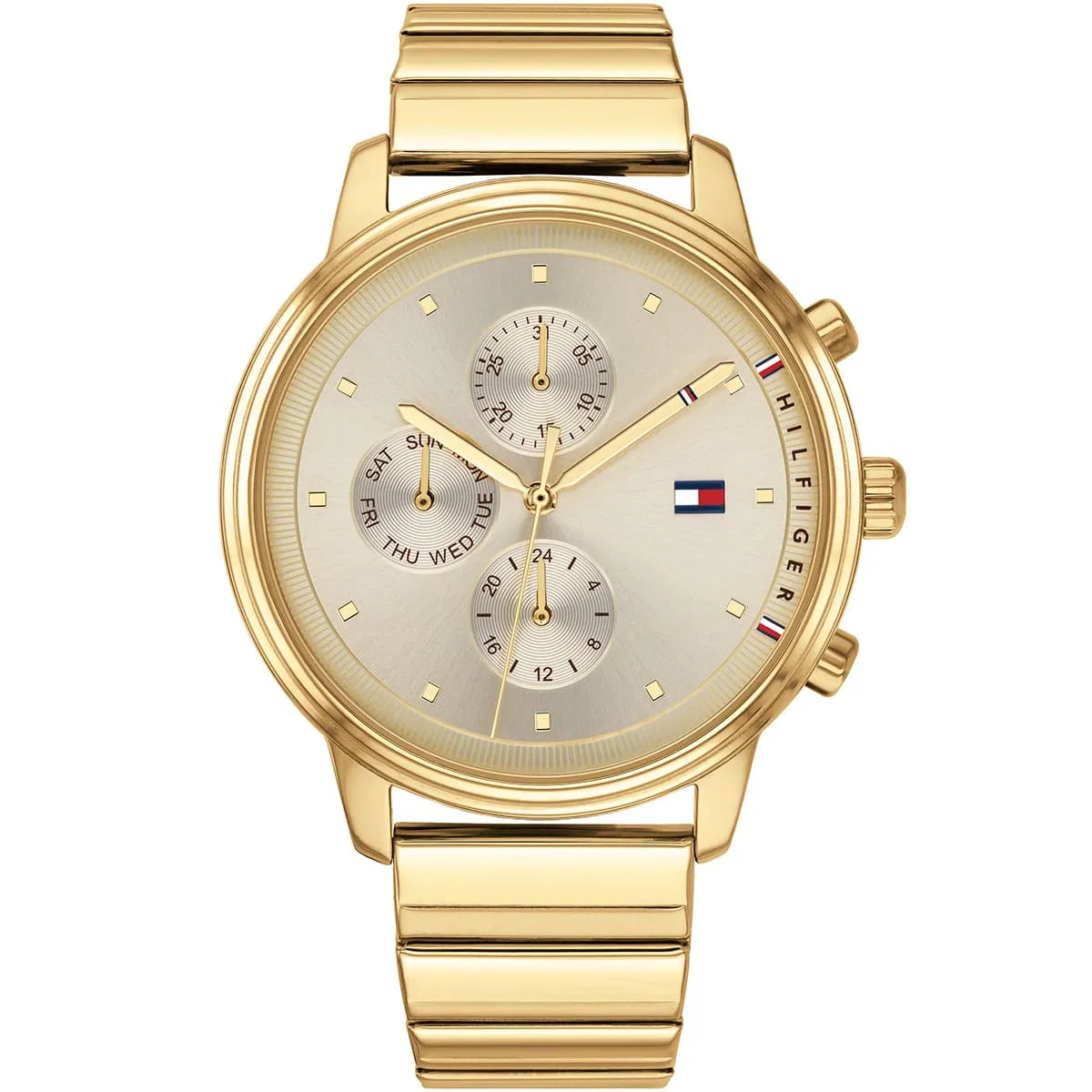 Authentic real-life photo of Tommy Hilfiger 1781905 showing actual gold finish and sunray gold dial