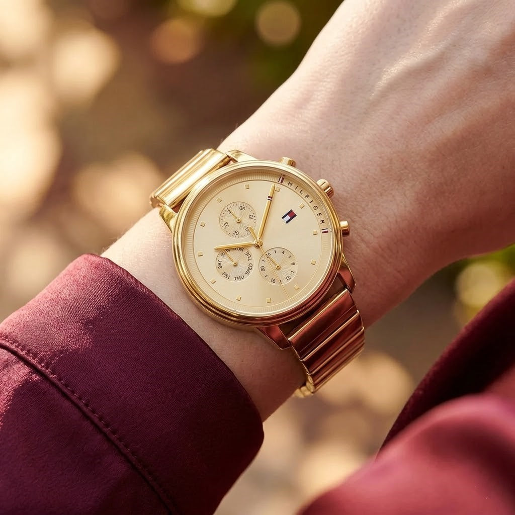 Close up shot of Tommy Hilfiger 1781905 on wrist showing gold dial and multi-function sub-dials