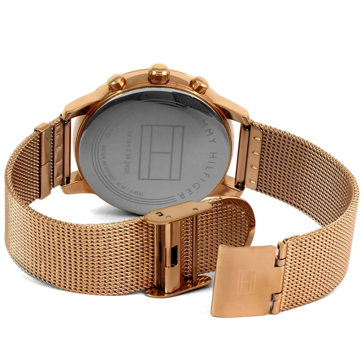 Rose gold-tone sliding buckle clasp on Tommy Hilfiger 1781907 women's quartz battery mesh bracelet watch