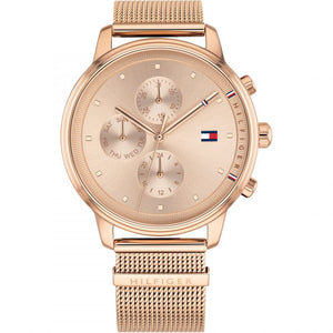 Tommy Hilfiger 1781907 women's quartz battery watch with rose gold dial, rose gold-tone case, rose gold mesh stainless steel bracelet main view