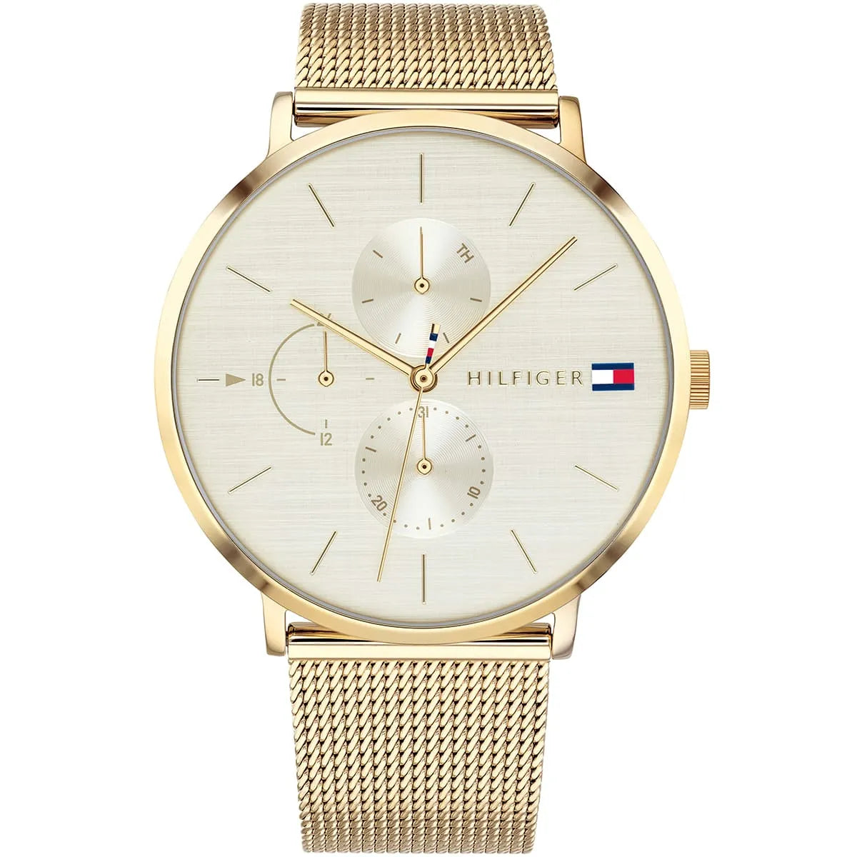 Tommy Hilfiger Jenna 1781943 women's watch with full gold-tone case, champagne dial, and gold mesh strap