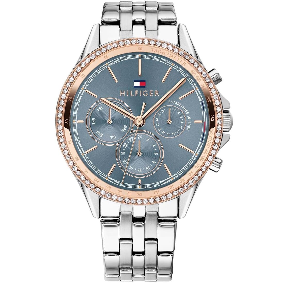 Tommy Hilfiger Ari 1781976 women's watch featuring a silver-tone case, slate blue dial, and a rose gold-tone bezel encrusted with crystals