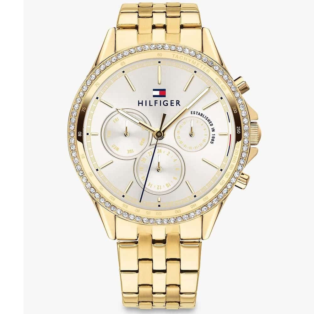 Tommy Hilfiger Ari 1781977 women's watch featuring a full gold-tone stainless steel design and a bezel encrusted with crystals