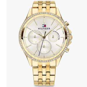 Tommy Hilfiger Ari 1781977 women's watch featuring a full gold-tone stainless steel design and a bezel encrusted with crystals