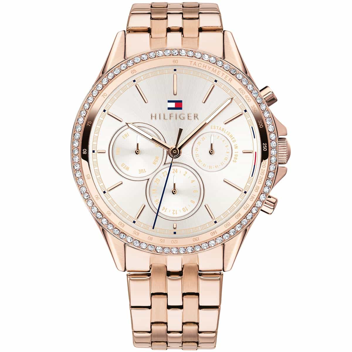 Tommy Hilfiger Ari 1781978 women's watch featuring a full rose gold-tone stainless steel design and a bezel encrusted with crystals