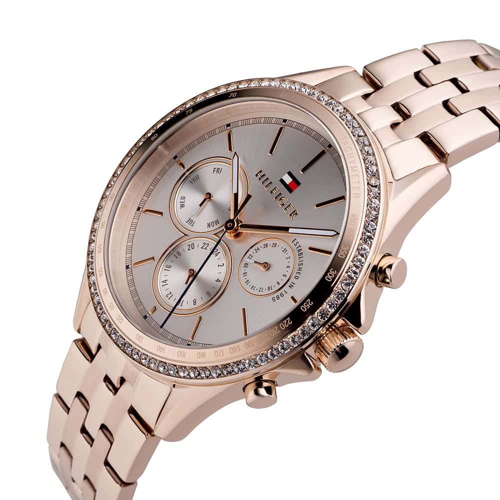 Detailed side view of the rose gold-tone crown and the sparkling crystal accents on the bezel of the 1781978